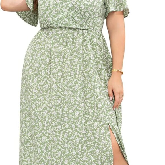 Women Plus Size Wrap Maxi Dress Flutter Sleeves Side Split Casual Elegant - Picture 1 of 5